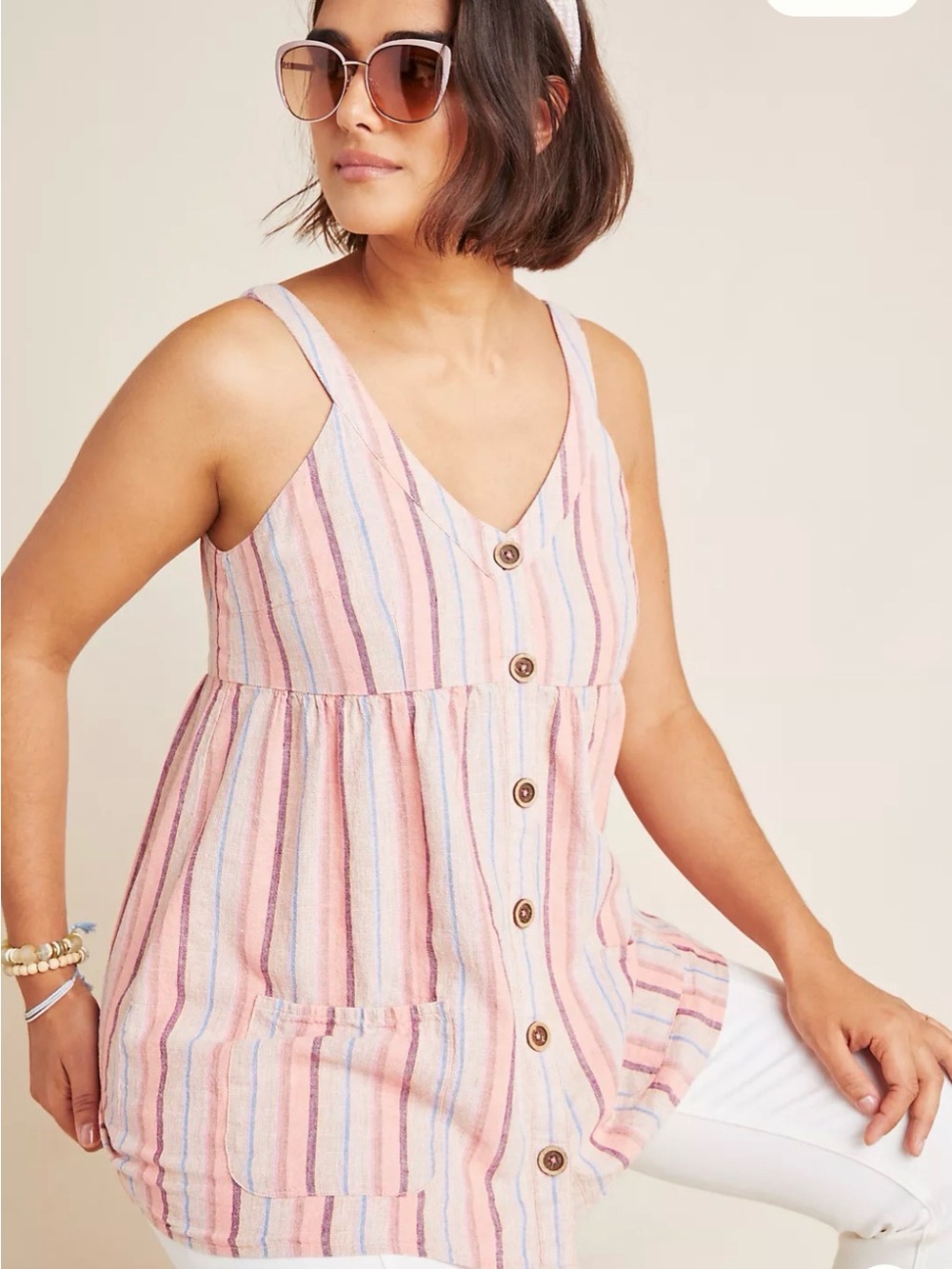 Maeve Pink Multi-Stripe Button-Front Tunic Top